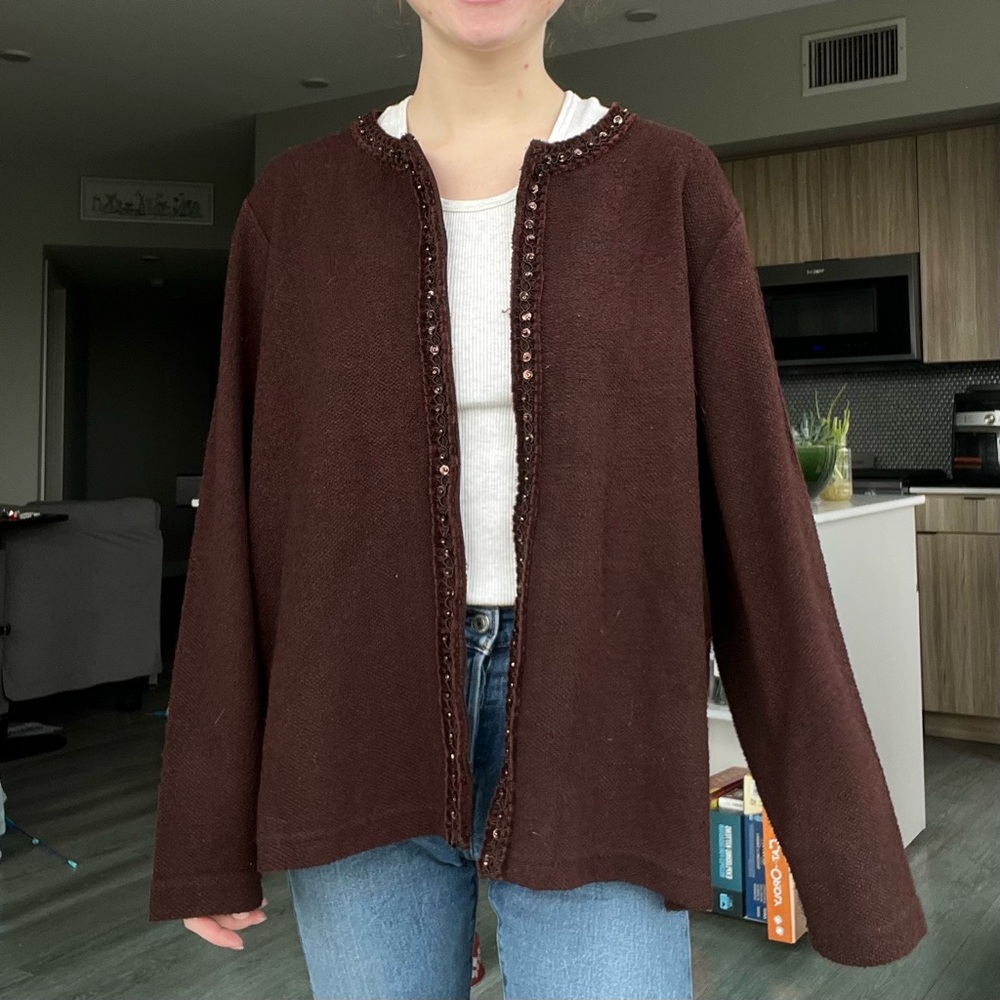 Vintage beaded embroidered zip up knit cardigan with sequins